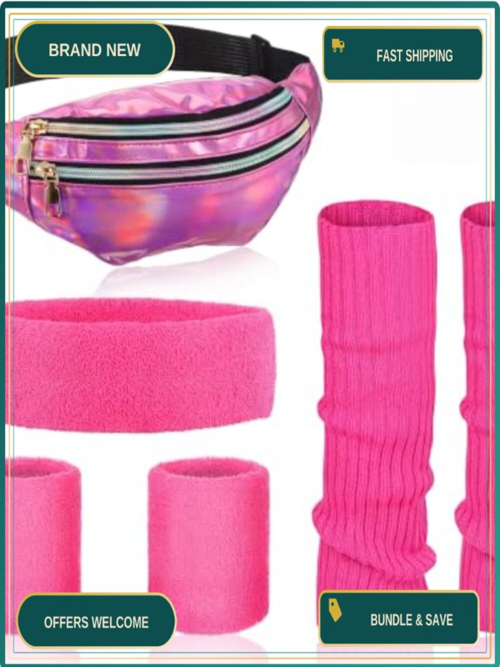 80s Neon Workout Costume Set Leg Warmers Wristbands Headband Holographic Belt